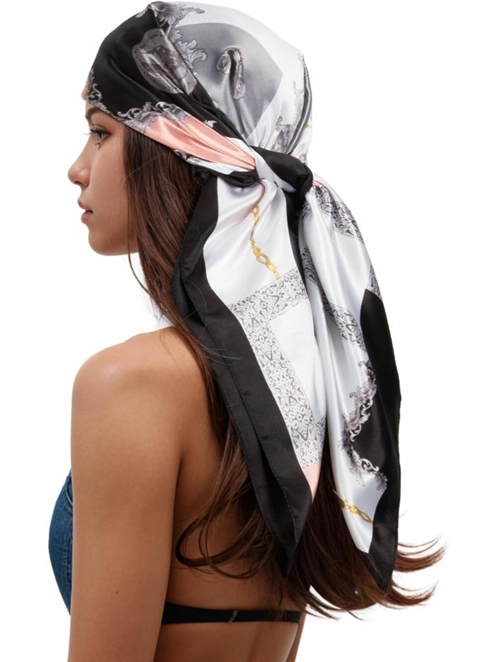 Women's Black Pink Printed Square Scarf Bandanas Hair Scarf 35 Inches